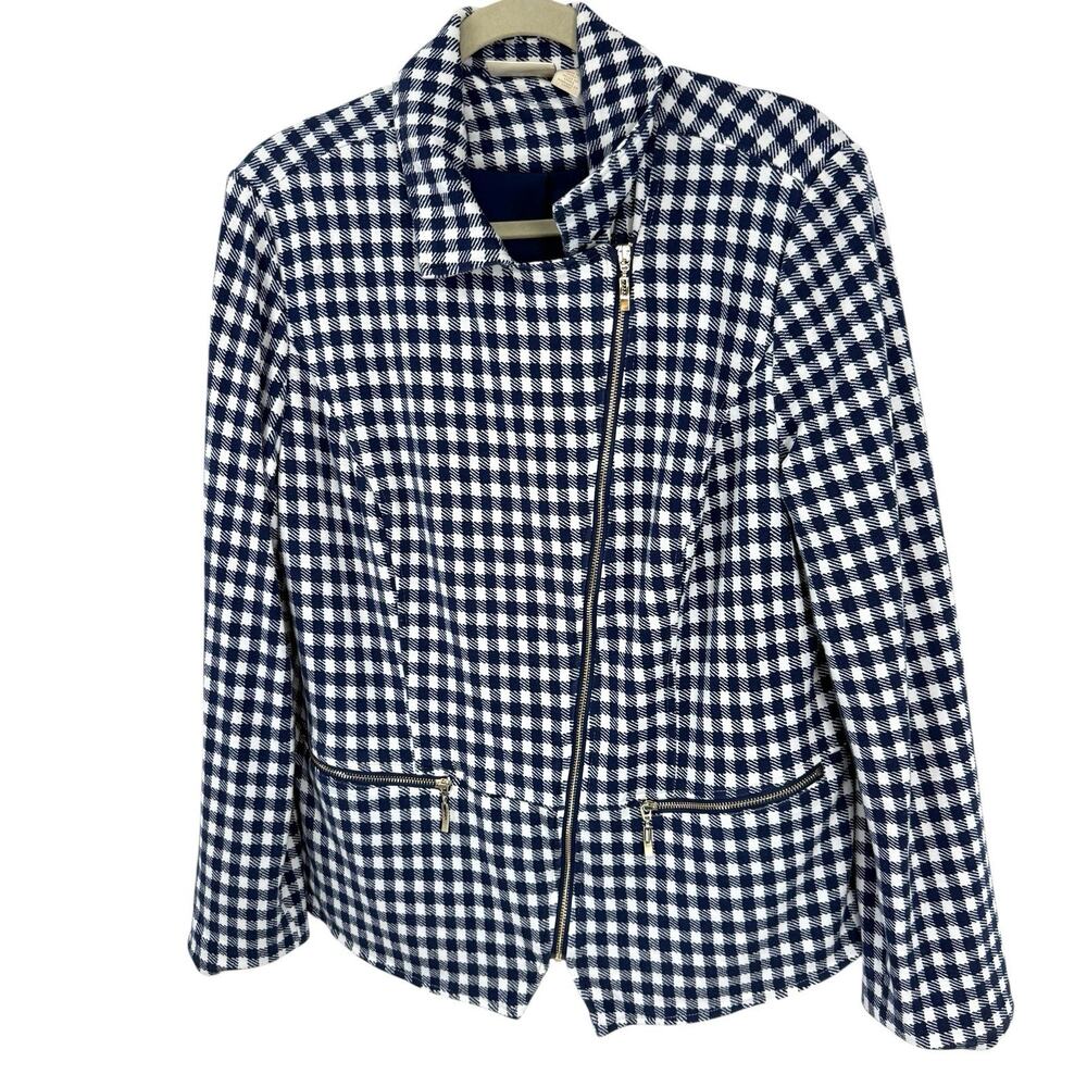 Chicos 2 Blue Gingham Asymmetrical Zip Jacket Blazer size Large Business